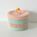 Pink and mint green woven cotton storage basket with yellow spherical handle on lid - Watermelon Pink Lid - Hollow Out Style (22*15)