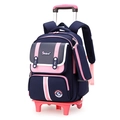 Deep blue and pink trolley school bag for kids with durable wheels and adjustable handle - 2-Wheel Trolley / Dark Blue with Pink