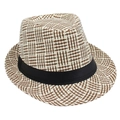 Detail of vintage plaid woven straw fedora hat with a black satin decorative band - Khaki