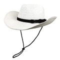 Detail of white woven straw cowboy hat featuring black suede band and gold buckle - Pure White