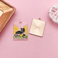 Enamel tarot card charm with black cat and Four of Cups design in gold finish - FOUR OF CUPS