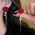 Detail of red rose earrings with pearl number 5 pendant and elegant metallic tassels - Silver Earring Post - Red Flower Tassel