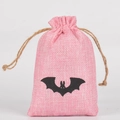 Pink burlap Halloween drawstring bag with black bat print and jute rope closure - Pink Bat / 10*15cm