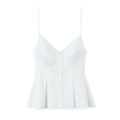 Detailed view of white poplin camisole featuring V-neck buttons and pleated peplum hem - XS / White