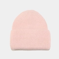 Pink angora rabbit fur beanie with thick vertical rib knit and folded cuff for women - Lotus root pink