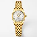 Classic gold stainless steel quartz watch with fluted bezel and rhinestone markers - Gold Case White Dial Female