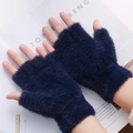 Navy blue fingerless plush gloves made of soft faux cashmere for warm office typing - Navy Blue