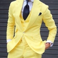 Front view of bright yellow men's three-piece suit jacket, vest and formal trousers - Yellow
