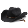 Classic black straw western cowboy hat with brown leather belt and vintage metal buckles - M / Black