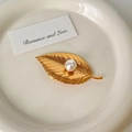 Elegant gold leaf-shaped brooch with white pearl inlay and vintage brushed metal texture - 10# Gold Leaf Shape Brooch
