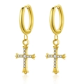 Elegant gold hoop earrings with zircon-studded cross pendants on white background - Cross Earrings