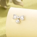 Silver bow stud earring with heart crystals and pearl drop on a minimalist pedestal - Silver Bowknot Pearl Stud - Single Piece (A391)
