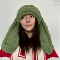 Handmade grass green crochet bunny ear balaclava hat with stylish metal ring accents - Mustard Green
