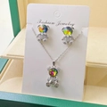 Silver bear necklace and earrings set with rainbow crystals and pave zircons - Silver Colorful Bear Set (T)