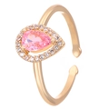 Golden open ring featuring a pear-cut pink zircon and a heart-shaped adjustable tail - KC Gold Pink Waterdrop