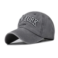 Detail of New York 1625 embroidery on washed grey cotton canvas baseball cap - Adjustable / Gray