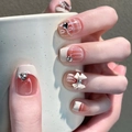 Short nude press-on nails featuring 3D bow, rhinestones and chic chain decor - By1601 A Heart Of Brocade And Embroidered Belly / Glue Type