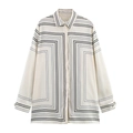 Elegant off-white long-sleeve satin shirt with minimalist black geometric line patterns - XS / Milky White