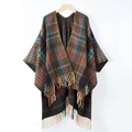 Ethnic knit poncho with rainbow chevron patterns and colorful fringe details - Black Wave