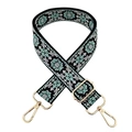 Detail of floral jacquard bag strap with cyan embroidery and gold metal hardware hooks - Gold Buckle / Black Blue Green Floral