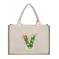 Linen canvas tote bag with a floral letter V print design in natural beige color - Floral Letter V