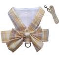 Dog harness and leash set with yellow and purple plaid pattern and bow tie - Beige Vest Set