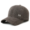 Winter baseball cap in brown herringbone fabric with metallic M logo and ear flaps - Adjustable / Coffee