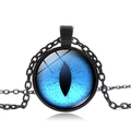 Blue cat eye pendant necklace with black metal chain and clear reflection on white back - Black Base - Blue Eye