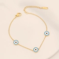Gold stainless steel chain bracelet with light blue enamel evil eye charms and lobster clasp - Blue