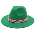 Detail of green felt fedora hat featuring a chunky vibrant pink acrylic chain decoration - Grass Green
