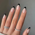 Elegante schwarz-weiße französische Press-on-Nägel mit ovalem Design und silbernem Ring - Schwarz Weiß Französischer Stil (Y-316)-Kleber Typ