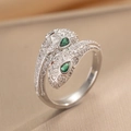Luxurious silver snake ring with micro-p鑲ed white zircon and pear-shaped green eyes - Silver (642)