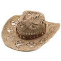 Handwoven straw cowboy hat featuring hollow-out patterns and studded brown leather band - M (56-58cm) / Natural Wood Color