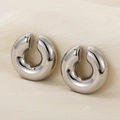 Pair of silver hollow C-shaped stainless steel clip-on earrings on satin background - Smooth Steel Color