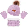 Detailed view of purple knit hat scarf and gloves set with warm fleece lining - One Size / Purple Jewelry Set