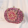 Pink floral rhinestone evening clutch bag with gold handle and crystal metal clasp - Oval Egg Shape - Rose Red