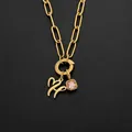 14K gold plated stainless steel necklace with pink crystal and cursive letter M charm - Letter H (XNL0097)