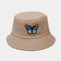 Khaki cotton bucket hat featuring blue butterfly embroidery for a casual summer look - Khaki