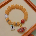 Vintage agate and bone beaded bracelet with silver pingan lock and tassel charm - Colored Tassel Flat Round: Peace Lock Tassel Bracelet