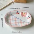 Pink and blue checkered oval ceramic plate with embossed bow and cherry accents - Cherry-9.5 Inch Oval Plate