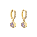 Gold earrings with micro-set zircons and purple Yin Yang charms on a white backdrop - Purple White Yellow Tai Chi