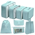 7-piece light blue travel organizer bag set featuring mesh cubes and a drawstring pouch - With Triangle Bag / 8-piece Set / Blue