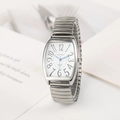 Silver tonneau quartz watch with blue hands and vintage stretch metal strap for men - Men's Silver