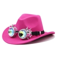 Detail of rose red felt cowboy hat with silver spiked punk kaleidoscope goggles - Rose Red