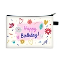 White canvas pouch with colorful floral patterns and Happy Birthday blue print - Colorful Flowers Heart Style (15)