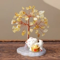 Yellow crystal money tree with copper wire and white ceramic lucky cat on agate base - Citrine Style (Random Lucky Cat)