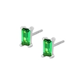 Detailed view of S925 silver stud earrings with rectangle green emerald cut zircon stones - Silver + Green Zirconia