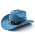 Detailansicht blauer Wildleder-Cowboyhut mit Nietenband und markantem Totenkopf-Dekor - M (56-58cm) / Seeblau