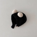 Detail of baby winter knit hat with cozy black earflaps and soft off-white faux fur pom-poms - Earflap Hat / Plush Ball [Black]