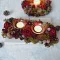 Vintage Christmas candle holder with red roses, pine cones, and glass tealight cups - Rose Long Style 31*13*6.5cm